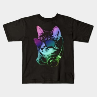 Dj Cat In Neon Lights Kids T-Shirt